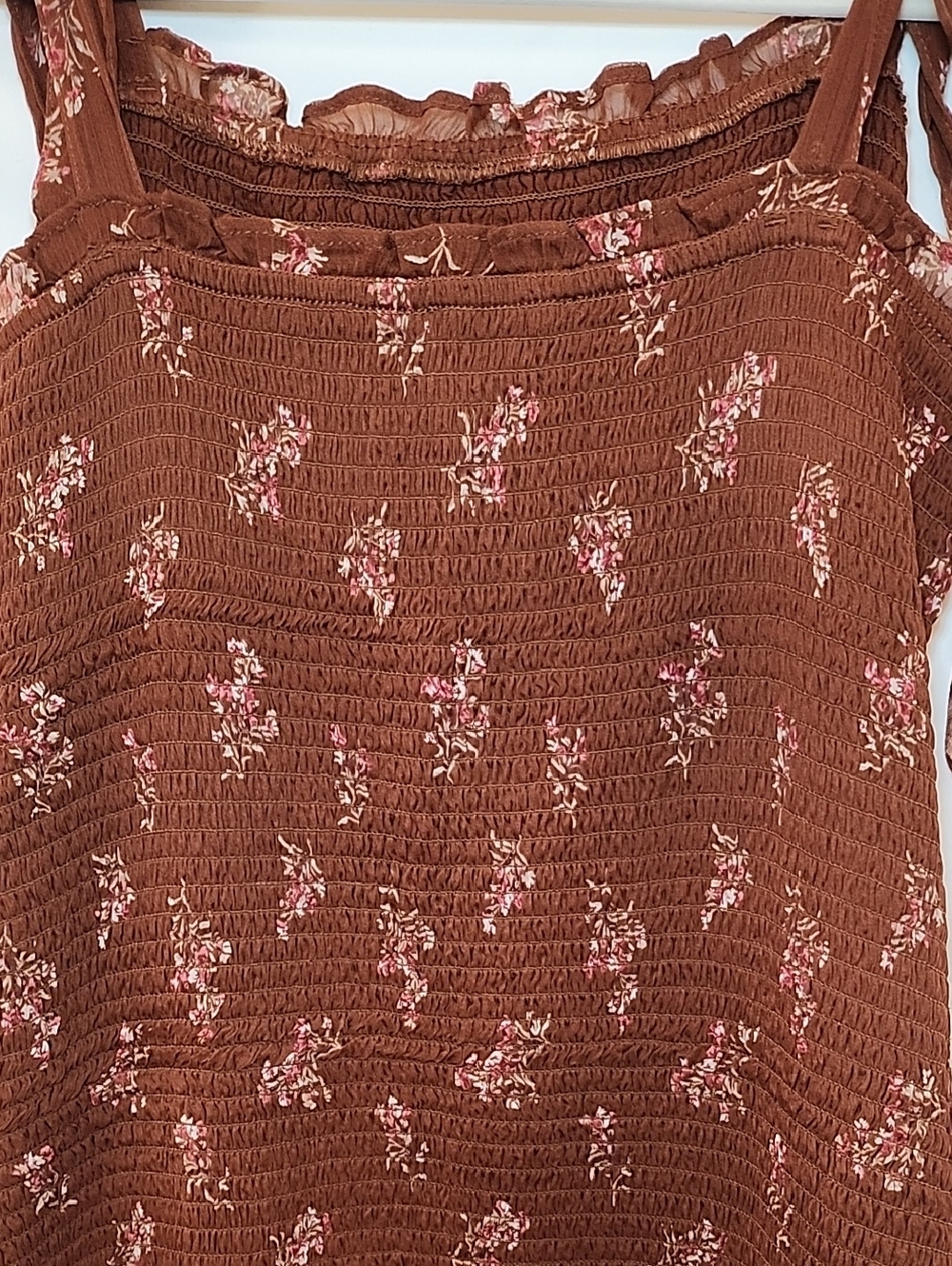 Abercrombie&Fitch Tie-Strap Smocked Mid Dress Chocolate brown floral print Sz XL - Picture 11 of 16